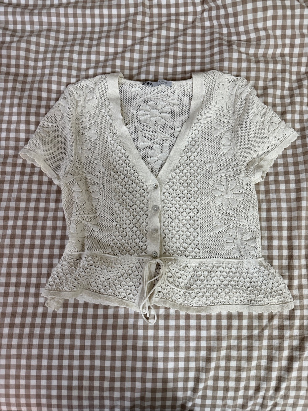Zara Cream Knit Short-Sleeve Button Cardigan with Tie